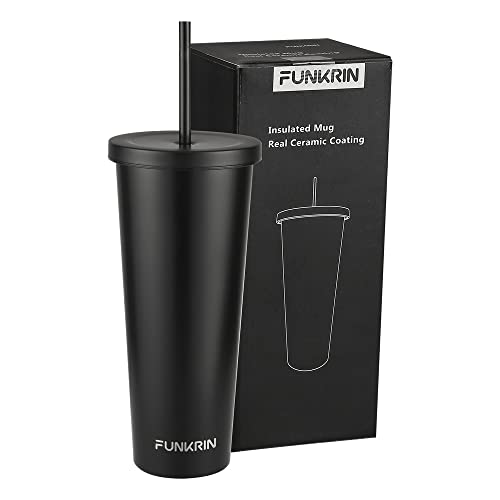 Funkrin Insulated Coffee Mug Tumbler with Lid and Straw, 24oz Ceramic Lined Coating Travel Mug, Reusable Stainless Steel Water Bottle Thermos Cup for Gifts Office School Party Camping