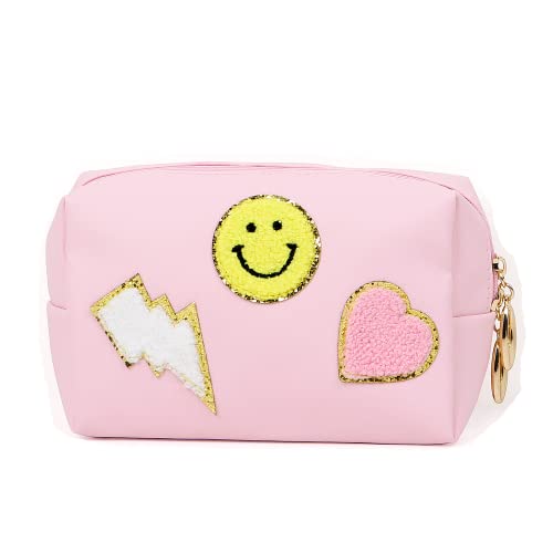 Miss or Miss Preppy Patch Small Toiletry Bag Smile Lightning Heart PU Leather Waterproof Makeup Cosmetic Bag Daily Use Storage Purse Travel Organizer Compliant Bag for Women Girls Gift Pink…