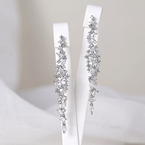SWEETV Long Wedding Earrings for Brides, Bridesmaids, Crystal Bridal Earrings for Wedding, Rhinestone Drop Dangle Earrings for Women Prom Party Jewelry, Silver
