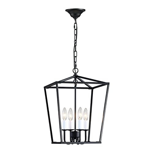 ANJIADENGSHI Lantern Pendant Light Industrial Vintage Lantern Iron Cage Hanging with 4 E12 Bulbs Lantern Chandelier for Traditional Dining Room Bar Cafe, Matte Black(Bulbs Not Included)