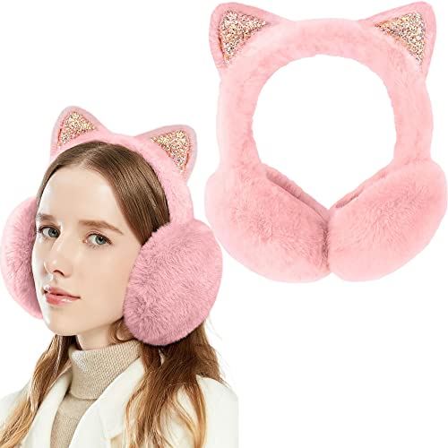 Eyegla Winter Ear Muffs for Women Fleece Ear Warmers Faux Fur Warm Cat Ear Earmuffs Foldable Outdoor Winter Ear Cover for Girls,Pink