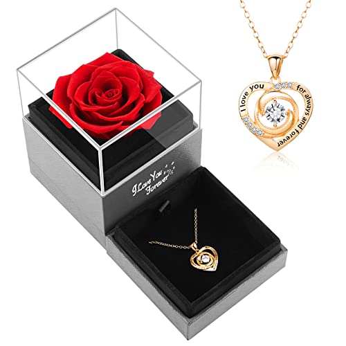 TMLW Preserved Red Real Rose with Heart Necklace, Gifts for Women Mom Her Wife Girlfriend on Christmas Valentines Day Mothers Day Anniversary Birthday, Romantic Gifts for Her