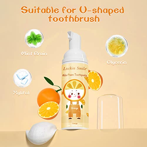 Kids Fluoride Free Foaming Toothpaste, Fruit Flavor, Kids Orange Foam Toothpaste to Reduce Plaque for Electric or U-Shaped Toothbrush for Children Ages 3 and Up