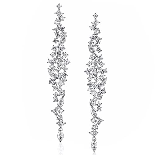 SWEETV Long Wedding Earrings for Brides, Bridesmaids, Crystal Bridal Earrings for Wedding, Rhinestone Drop Dangle Earrings for Women Prom Party Jewelry, Silver