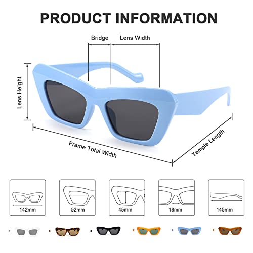 Baby Blue Retro Vintage Cateye Square Sunglasses, Non-Polarized, UV Protection Coating, Lightweight Plastic Frame, High-Quality Materials, Multiple Colors, 52mm Lens Width