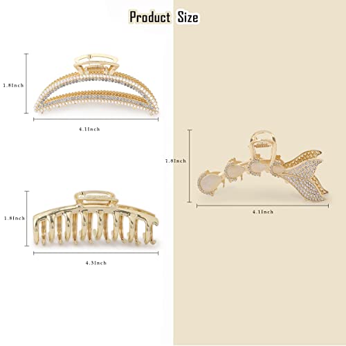 Large Metal Hair Claws for Women Moon Hair Claws for Thick Hair 5 Pack 4.3" Fancy Gold Pretty Pearl Rhinestones Claws for Girls Gift for Mom Wife Daughter Girlfriend Friends