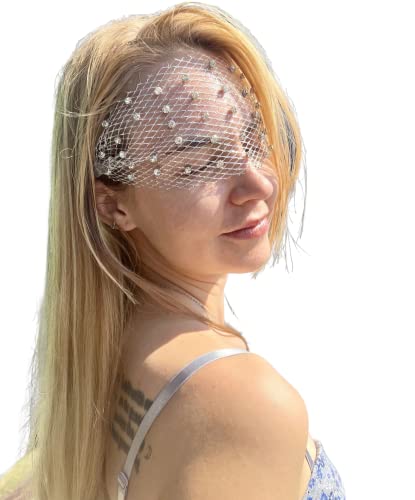 Sparkle with the Sun Goddess Headpiece – Silver Eye Veil with Rhinestones, One Size Fits All
