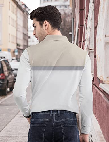 Mens-Polo-Shirts Long-Sleeve-Knit-Pullover Pure-Cotton Slim-Fit - Casual Fashion Lightweight Golf Top Breathable White XXL