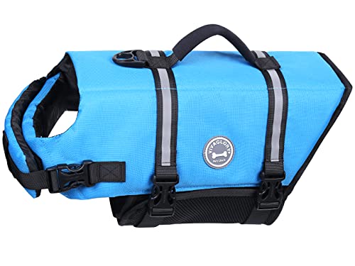 Vivaglory Ripstop Dog Life Vest, Reflective & Adjustable Life Jacket for Dogs with Rescue Handle for Swimming & Boating, Blue, L