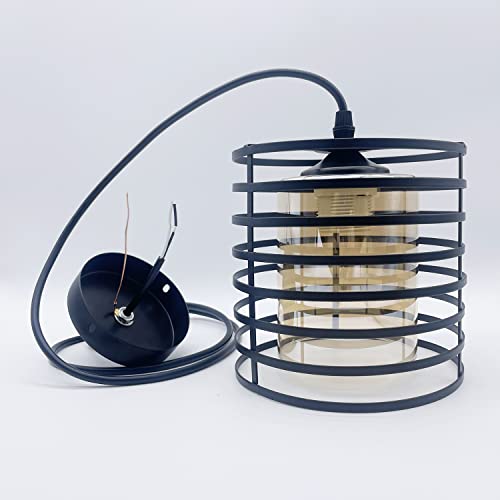 Scolii Industrial Pendant Light,Black Iron Cage,Adjustable Cable Hanging 4.9Ft,Amber Glass Shade ,Light Fixtures,E26 Socket φ6.3‘’×H6.3‘’(Bulbs Not Included)