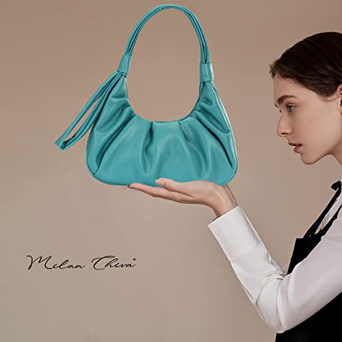 Turquoise Ruched Crossbody Bag: Chic Cloud Pouch w/ Adjustable Bunny Ears Strap