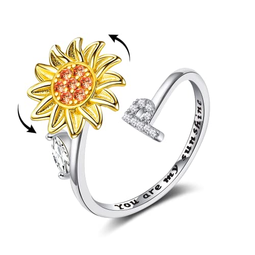 FUNEIA 925 Sterling Silver Fidget Ring for Women Adjustable Anxiety Ring for Women Fidget Spinner Ring for Anxiety Cubic Zirconia Sunflower