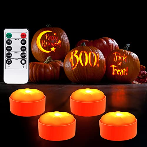 Halloween LED Pumpkin Lights with Remote Timer - Battery Operated Jack-O-Lantern Decor Electric Flameless Candle with Flickering Bright Light for Party Home Porch Fall Decorations - 4 Pack Set