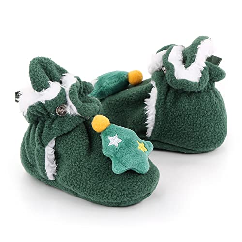 Unifizz Newborn Baby Boys Girls Booties Stay On Socks Non Skid Soft Sole Infant Toddler Warm Winter House Slipper Crib Shoes for Boys Girls (Green Christmas Tree, Size 6-12 Months Infant)