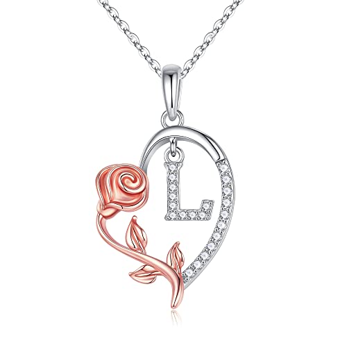 CZ Silver/Rose Gold Love Heart Rose Letter L Pendant Necklace