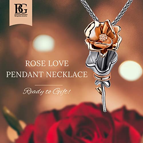 Bengnkes BG Rose Pendant Necklace for Women Rose Gold Necklaces Womens Jewelry for Her Wife Christmas Gifts