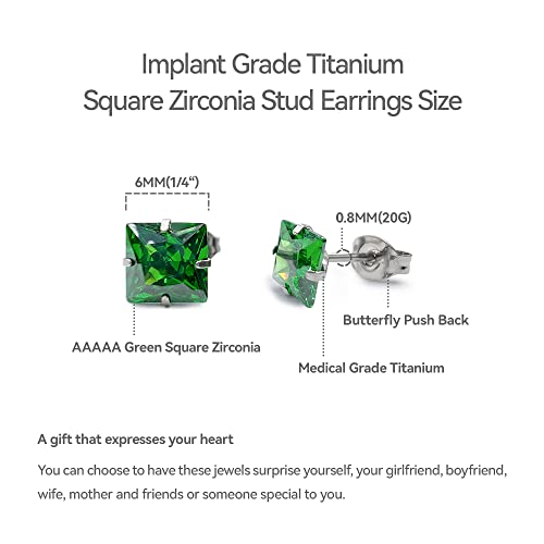 Titanium earrings, hypoallergenic earrings, pure titanium medical implant grade, suitable for sensitive ears with birthstone crystals CZ simulated diamonds (Emerald Green)