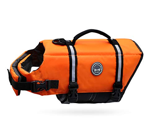Vivaglory Ripstop Dog Life Vest, Reflective & Adjustable Life Jacket for Dogs with Rescue Handle for Swimming & Boating, Bright Orange, L