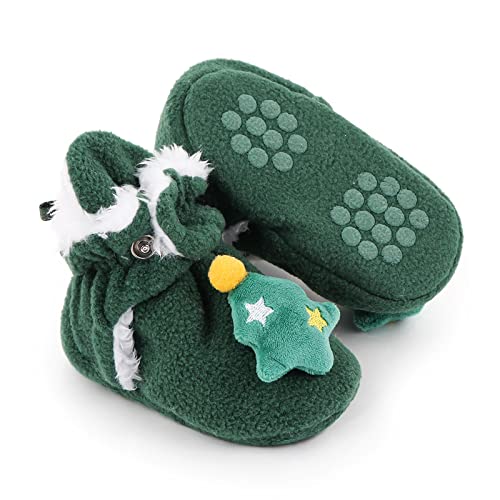 Unifizz Newborn Baby Boys Girls Booties Stay On Socks Non Skid Soft Sole Infant Toddler Warm Winter House Slipper Crib Shoes for Boys Girls (Green Christmas Tree, Size 6-12 Months Infant)