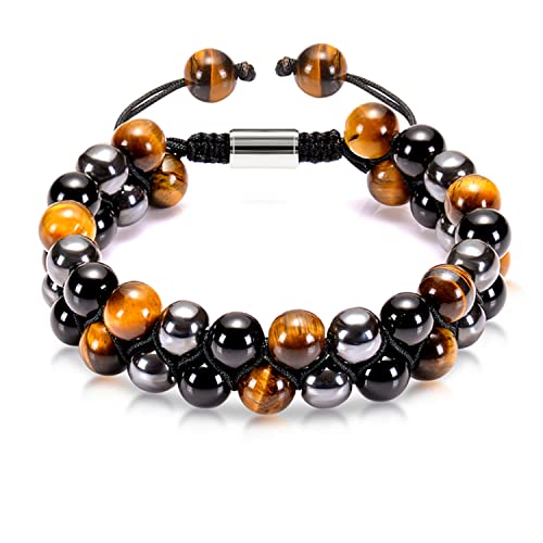Adjustable Triple Protection Bracelet 8mm Yellow Tiger Eye/Hematite/Agate Beads