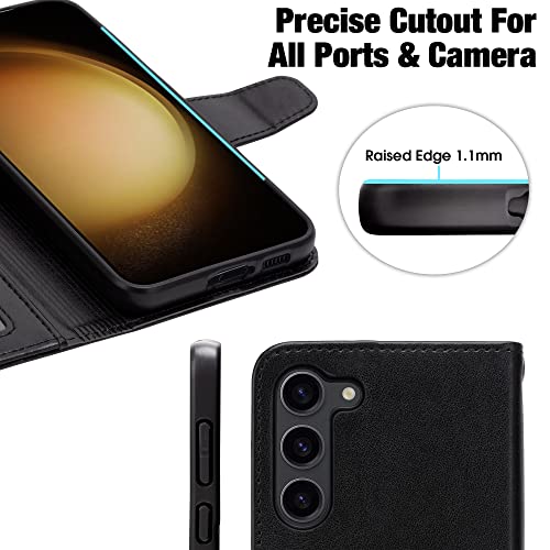 Lugege Compatible with Samsung Galaxy S23 Case Wallet Flip Folio Case [Kickstand] with RFID Blocking Card Holders [Shockproof] and Wrist Strap Phone Cover Black