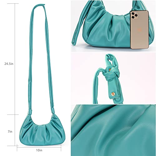 Turquoise Ruched Crossbody Bag: Chic Cloud Pouch w/ Adjustable Bunny Ears Strap