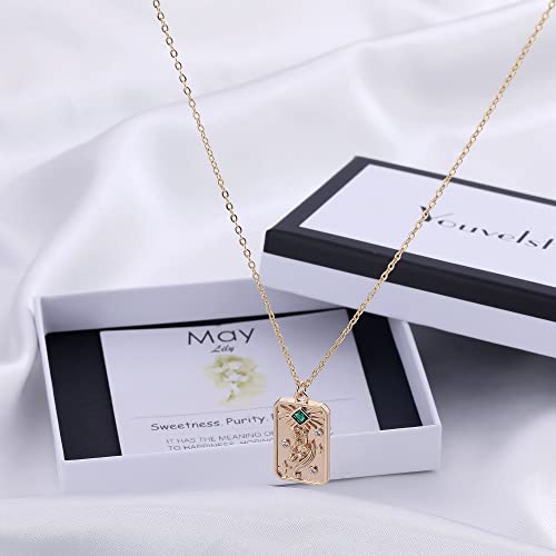 Youvelst Birth Month Flower Necklace 14K Gold Plated Birth Floral Pendant Dainty Disc Coin Birthday Jewelry Gift for Her Stamped Flower Cute Birthstone Necklace Personalized Pendant for Women (E1-May-Lily)