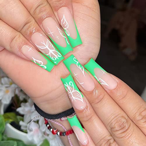 KXAMELIE Green Matte French Tip Press on Nails With White Butterfly Glue on Nails Long Ballerina Coffin Fake Nails With Nail Glue for Women Girls 24 PCS
