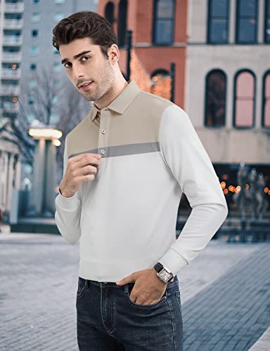 Mens-Polo-Shirts Long-Sleeve-Knit-Pullover Pure-Cotton Slim-Fit - Casual Fashion Lightweight Golf Top Breathable White XXL