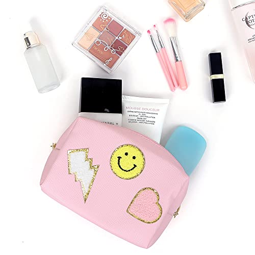 Miss or Miss Preppy Patch Small Toiletry Bag Smile Lightning Heart PU Leather Waterproof Makeup Cosmetic Bag Daily Use Storage Purse Travel Organizer Compliant Bag for Women Girls Gift Pink…