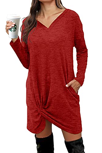 Alaster Women’s Casual Tunic V Neck Sweater Dress Long Sleeve Pullover Red Sweater Dress with Pockets for Women