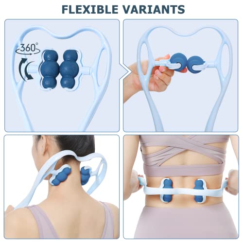 Neck Massager, Rolling and Pressure Point Massage for Pain Relief Deep Tissue Manual Shoulder Massage Tool Suitable for Neck Shoulder Waist Leg and Foot Handheld Relaxer-Blue(6 Massage Roller Balls)