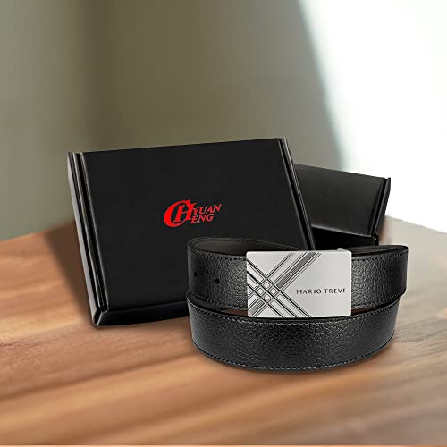 MARIO TREVI Black Leather Men’s Dress Belt, Adjustable Slide with Alloy Buckle for Jeans/ Pants, with Gift Box, Trim to Fit