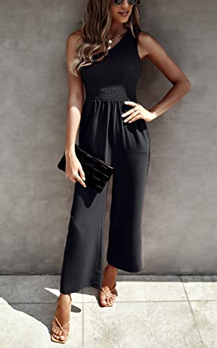 Angashion Women's Summer Wide Leg Jumpsuits One Shoulder Casual Sleeveless Elastic High Waist Solid Color Romper with Pockets Black Small