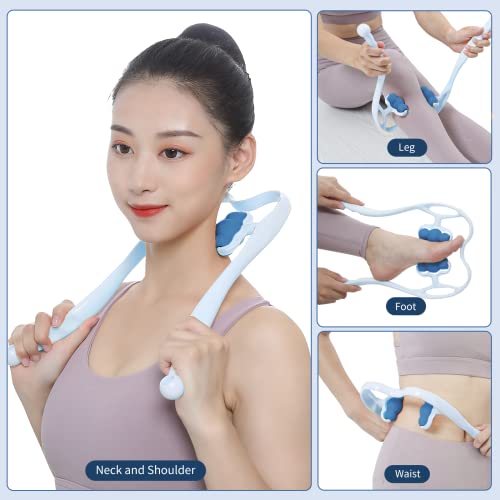 Neck Massager, Rolling and Pressure Point Massage for Pain Relief Deep Tissue Manual Shoulder Massage Tool Suitable for Neck Shoulder Waist Leg and Foot Handheld Relaxer-Blue(6 Massage Roller Balls)
