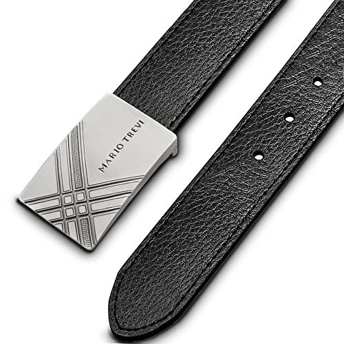 MARIO TREVI Black Leather Men’s Dress Belt, Adjustable Slide with Alloy Buckle for Jeans/ Pants, with Gift Box, Trim to Fit