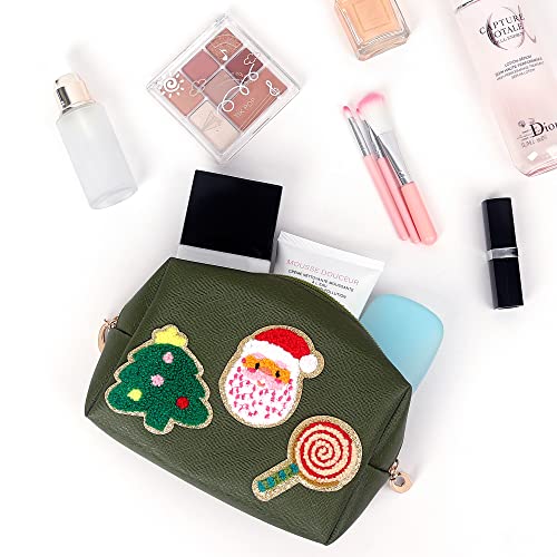 Preppy Patch Christmas Gift for Women Small Toiletry Bag Smile Lightning Heart PU Leather Waterproof Makeup Cosmetic Bag Daily Use Storage Purse Travel Organizer Compliant Bag for Women Girls Green…