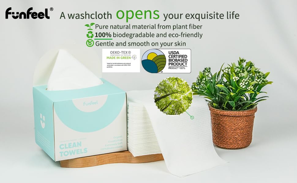 Revolutionary Biobased Disposable Face Towels - Gentle, Biodegradable Makeup Remover Wipes, 50 Ct with Bonus 5 Ct Cotton Pack