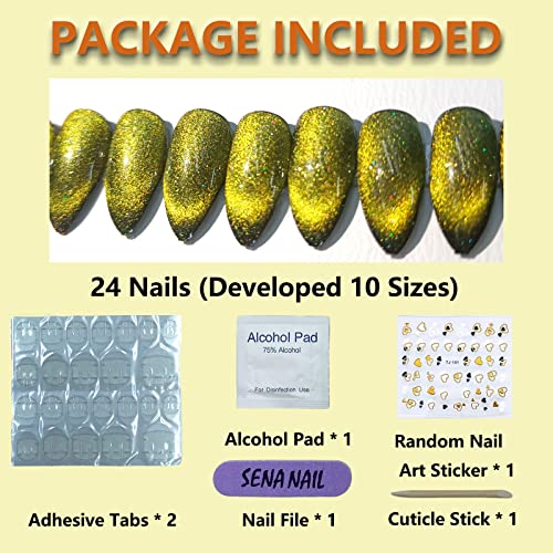 24pcs Handmade Almond Gold Glitter Cat Eye Press-On Nails w/ Black French Tip