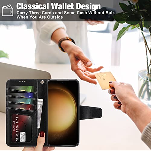 Lugege Compatible with Samsung Galaxy S23 Case Wallet Flip Folio Case [Kickstand] with RFID Blocking Card Holders [Shockproof] and Wrist Strap Phone Cover Black