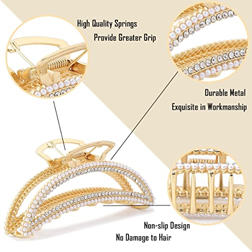 Large Metal Hair Claws for Women Moon Hair Claws for Thick Hair 5 Pack 4.3" Fancy Gold Pretty Pearl Rhinestones Claws for Girls Gift for Mom Wife Daughter Girlfriend Friends