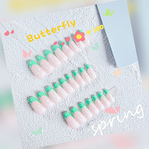KXAMELIE Green Matte French Tip Press on Nails With White Butterfly Glue on Nails Long Ballerina Coffin Fake Nails With Nail Glue for Women Girls 24 PCS