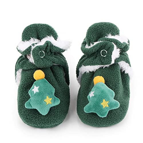 Unifizz Newborn Baby Boys Girls Booties Stay On Socks Non Skid Soft Sole Infant Toddler Warm Winter House Slipper Crib Shoes for Boys Girls (Green Christmas Tree, Size 6-12 Months Infant)