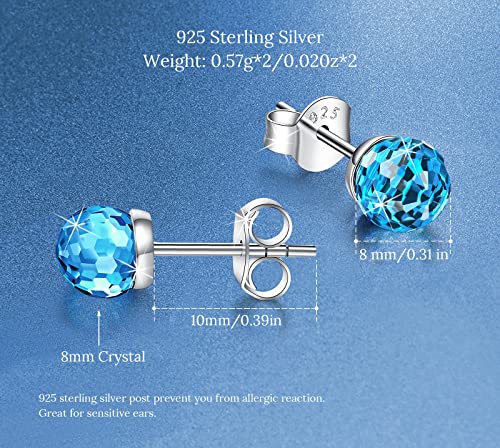 Crystal Earrings, Crystal Earrings for Women 925 Sterling Silver and Austrian Crystal Earrings, Women's Birthday, Wedding, Graduation and Anniversary Earrings (8mm Blue)