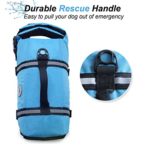 Vivaglory Ripstop Dog Life Vest, Reflective & Adjustable Life Jacket for Dogs with Rescue Handle for Swimming & Boating, Blue, L