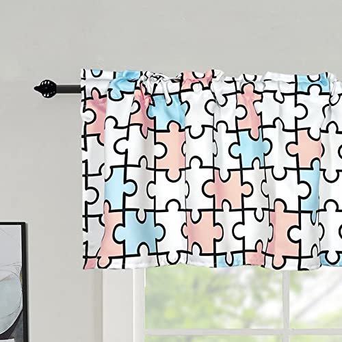 Valance for Kids Bedroom - Rod Pocket Jigsaw Puzzles Geometric Print, Short Curtain Panel for Nursery & Playroom, 52x18 inches, Blue & Pink