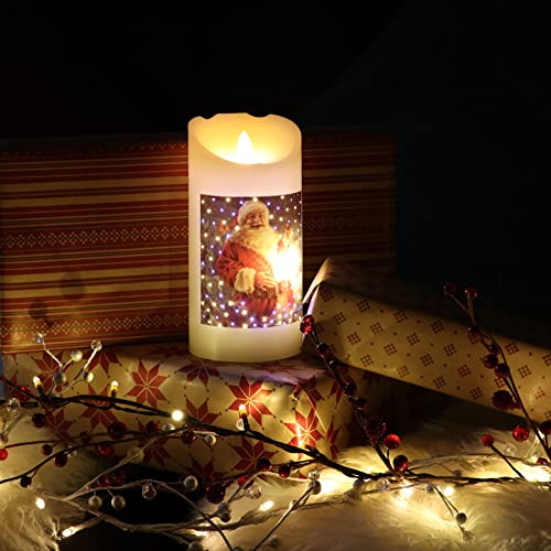 Rhytsing Santa Clause Real Wax Battery Operated Candles with Fiber Optic Led Lights, Table Light with Timer for Christmas Decoration, Batteries Included