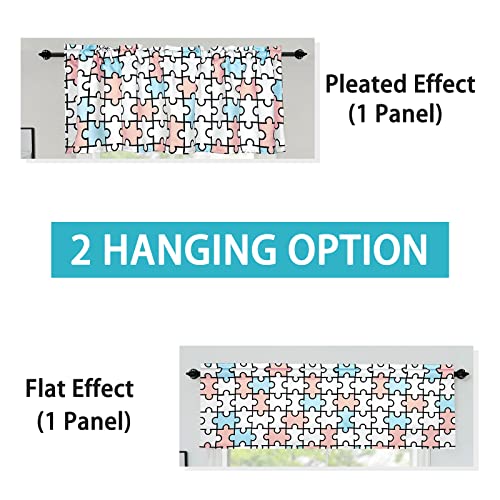 Valance for Kids Bedroom - Rod Pocket Jigsaw Puzzles Geometric Print, Short Curtain Panel for Nursery & Playroom, 52x18 inches, Blue & Pink