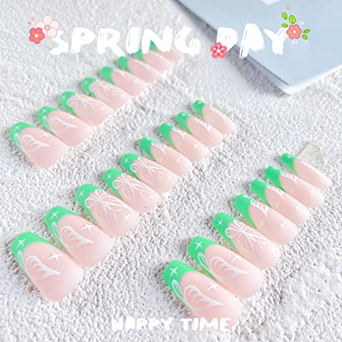KXAMELIE Green Matte French Tip Press on Nails With White Butterfly Glue on Nails Long Ballerina Coffin Fake Nails With Nail Glue for Women Girls 24 PCS