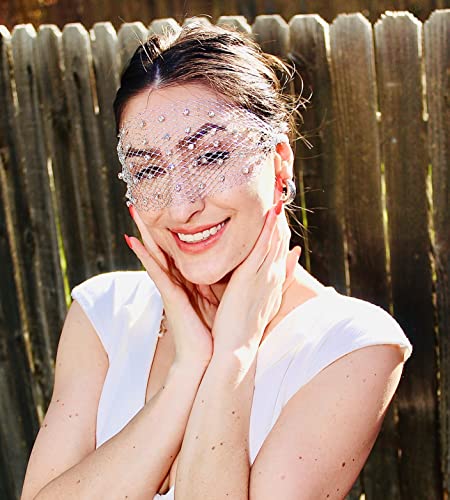 Sparkle with the Sun Goddess Headpiece – Silver Eye Veil with Rhinestones, One Size Fits All